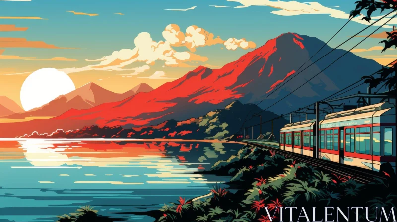 Scenic Train Journey in Mountain Lake - Digital Painting AI Image