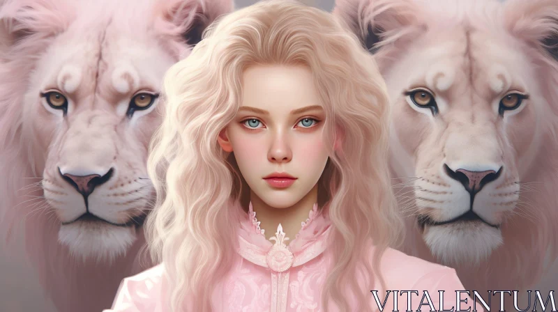 Serene Woman Portrait with White Lions AI Image
