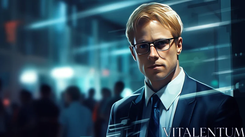 Serious Young Man in Suit and Tie with Glasses AI Image