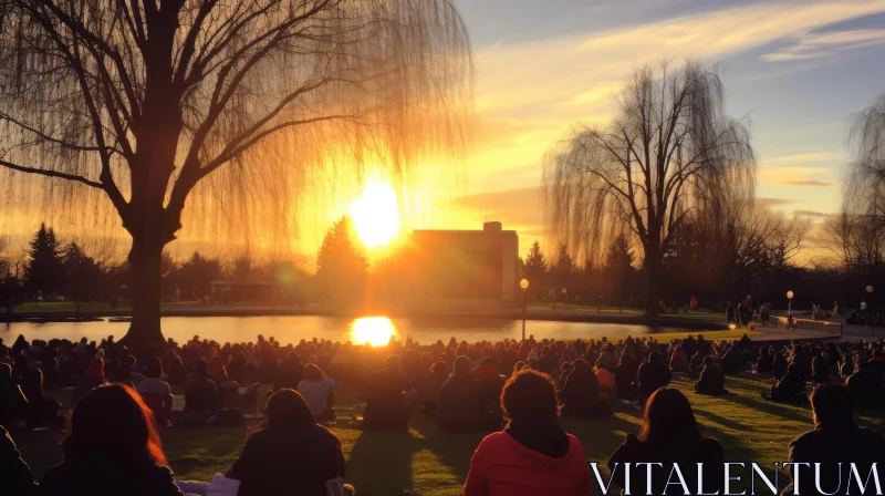 Sunset Gathering: A Serene Landscape of Students and Nature AI Image
