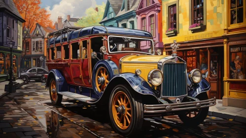 Vintage Car on Cobblestone Street - Urban Cityscape Painting