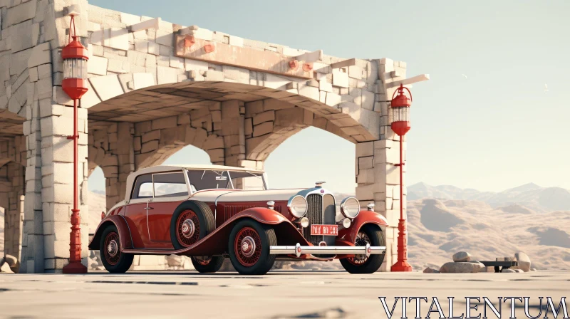 Vintage Car Parked in Front of Stone Building AI Image