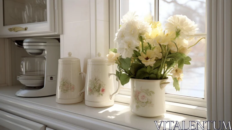 White Kitchen Counter with Ceramic Containers and Flowers AI Image