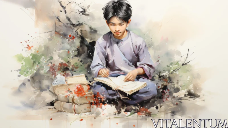 Young Boy Reading a Book in Traditional Chinese Outfit - Watercolor Painting AI Image