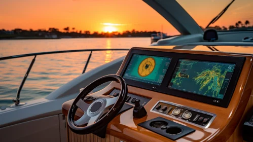Boat Steering Wheel and Control Panel at Sunset