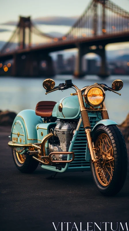 Custom Blue and Gold Motorcycle on Bridge AI Image
