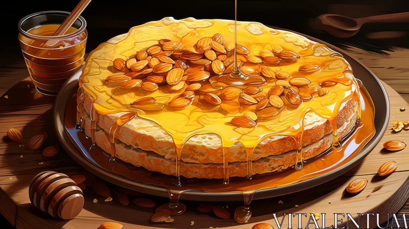 Delicious Cake with Almonds and Honey Artwork AI Image