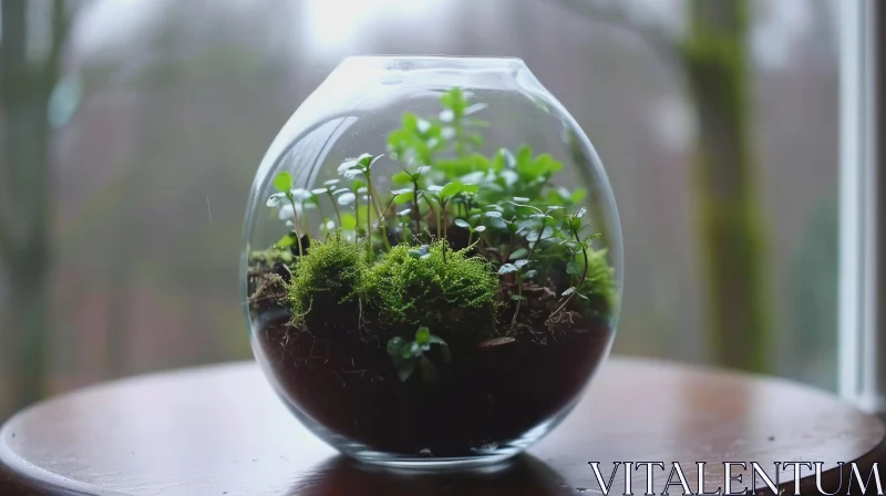 Glass Terrarium with Lush Green Plants - Close-up Nature Photography AI Image