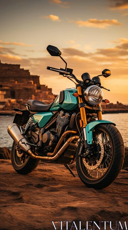 Green Custom Motorcycle on Rocky Beach at Sunset AI Image
