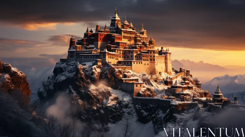 Majestic Castle on Mountaintop at Sunset AI Image