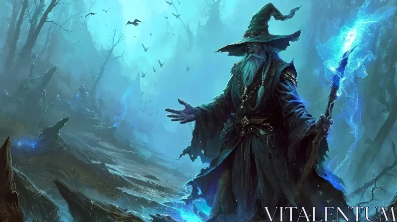 Mystical Wizard in Dark Forest AI Image