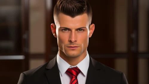 Serious Young Man Portrait in Black Suit and Red Tie