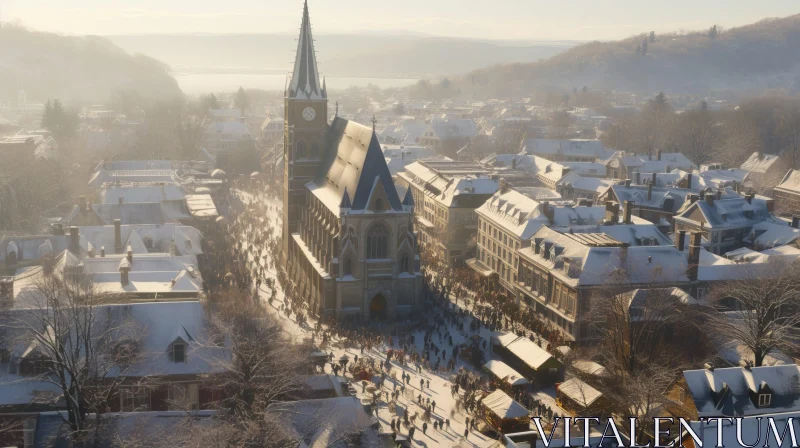 Snowy European Cityscape in Winter AI Image