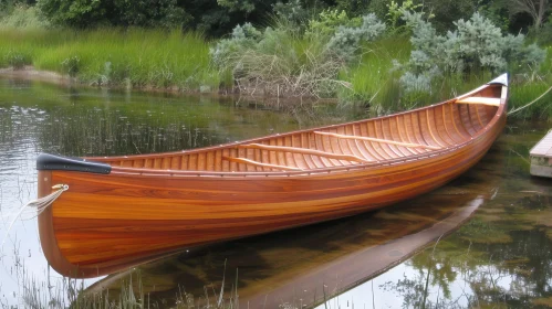 Tranquil Lake Scene with Wooden Canoe