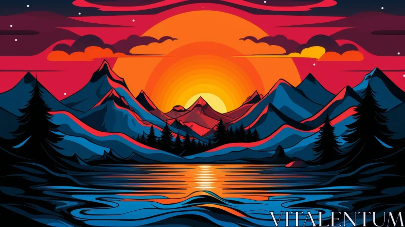 Tranquil Mountain Lake Sunset Cartoon Landscape AI Image