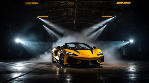 Yellow McLaren Elva Sports Car in Dark Garage