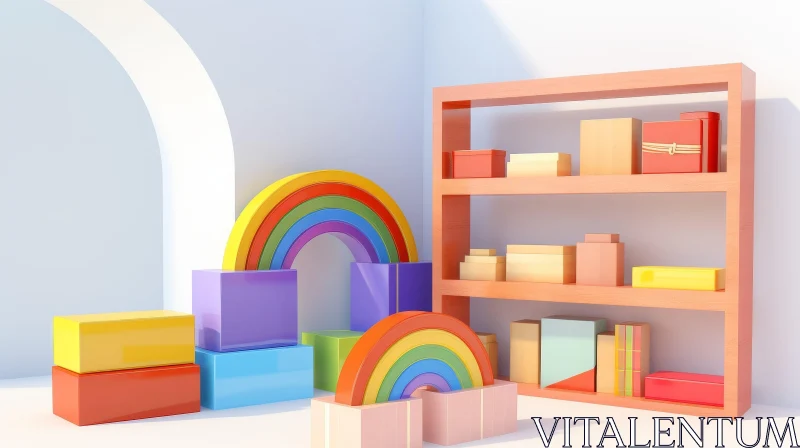 3D Room Rendering with Rainbow and Boxes AI Image