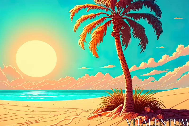 AI ART Captivating Palm Tree Illustration on Beach | Vintage Poster Design