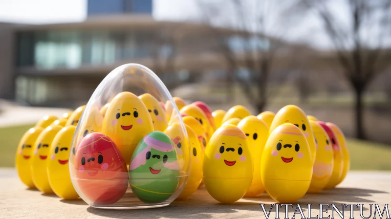 AI ART Colorful Easter Eggs with Faces on Public Pavement