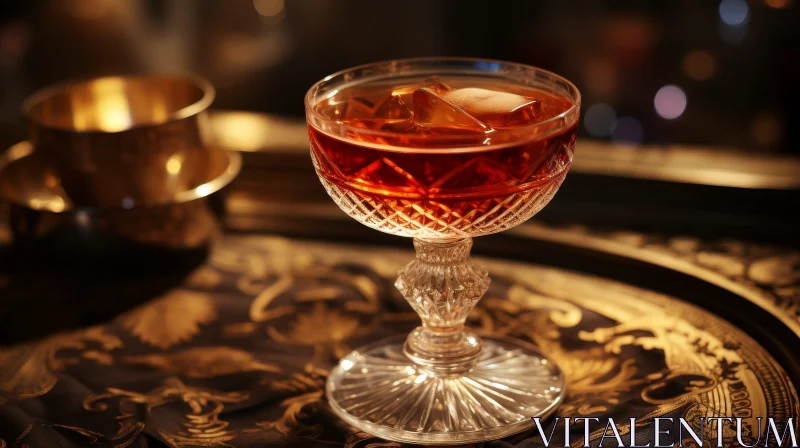 Crystal Glass Red Cocktail on Golden Tray AI Image