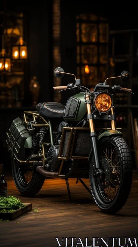 Custom Olive Drab Motorcycle in Dark Room AI Image
