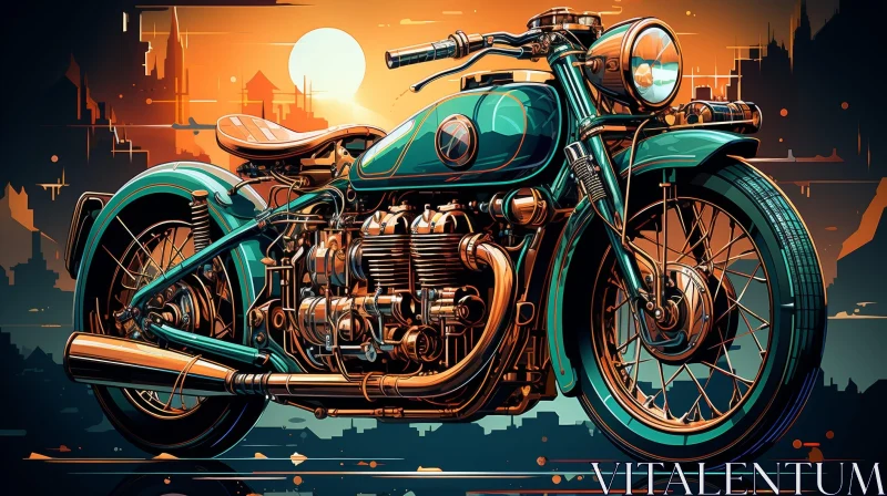 Custom Teal and Brown Motorcycle in Cityscape at Sunset AI Image