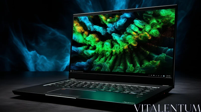 Dark Blue Laptop with Colorful Smoke Screen AI Image