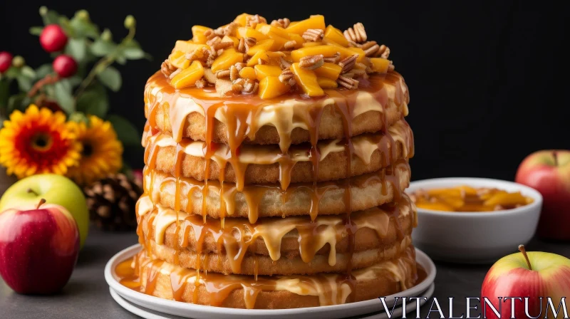 Delicious 5-Tiered Cake with Caramel Frosting and Pecans AI Image
