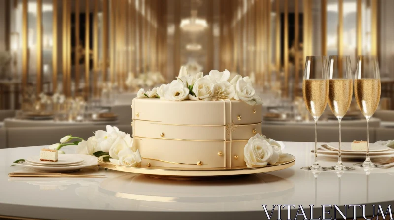 AI ART Elegant Wedding Cake with Roses and Champagne Glasses