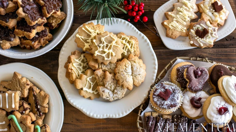 Festive Christmas Cookies and Cupcakes on Wooden Table AI Image