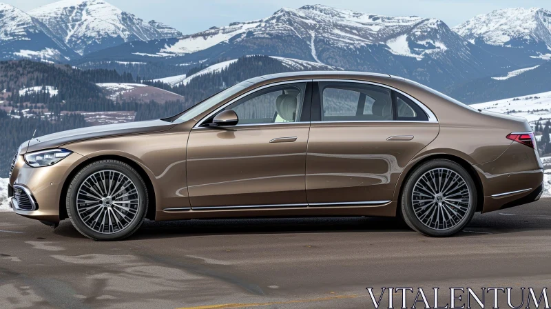 Luxury Brown Mercedes-Benz S-Class Car in Mountain Landscape AI Image