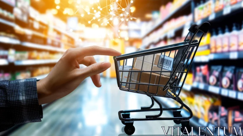 Online Grocery Shopping: Hand Reaching Out to Shopping Cart AI Image