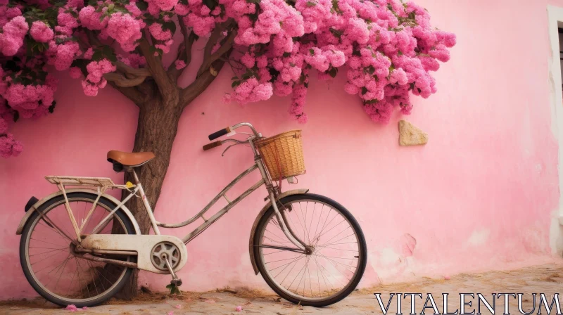 AI ART Pink Flowers and Bicycle by Pink Wall - Serene Nature Scene