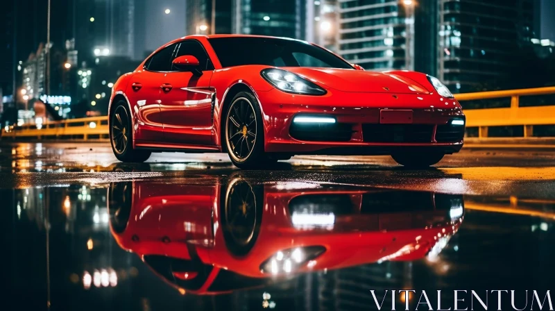 Red Porsche Panamera Night View in Urban Setting AI Image