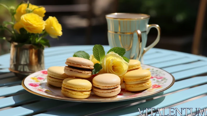 Romantic Arrangement of Yellow Macarons: A Blend of Tradition and Impressionism AI Image