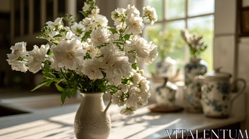 Serene Still Life: Delicate White Roses in Bloom AI Image