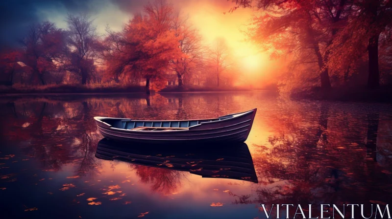 Tranquil Fall Lake Landscape with Setting Sun AI Image