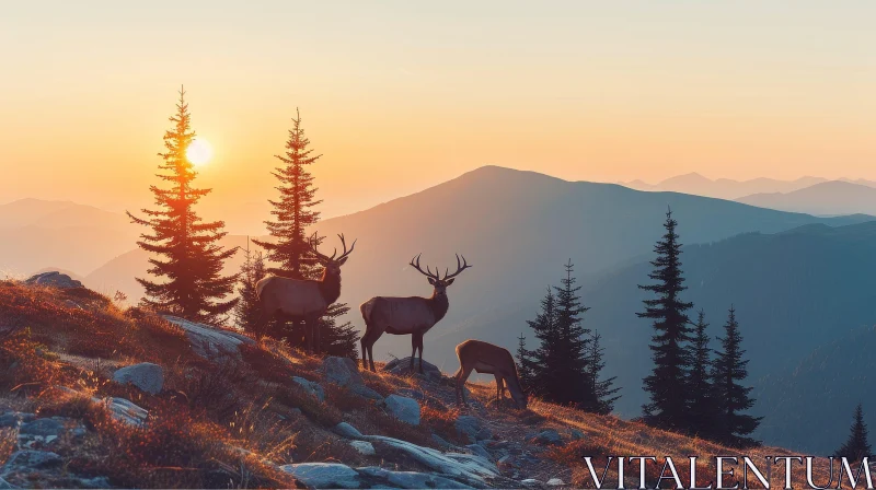 AI ART Tranquil Mountain Sunset with Deer