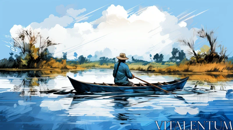 Tranquil River Painting with Man Rowing Boat AI Image
