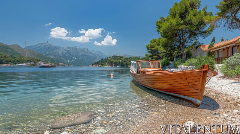 Tranquil Seaside Scene with Wooden Boat AI Image