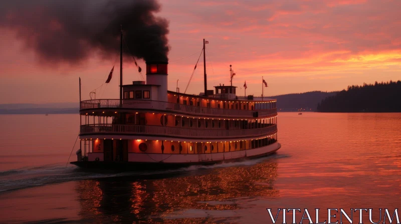 AI ART Tranquil Sunset: Sternwheeler Steamboat on Lake