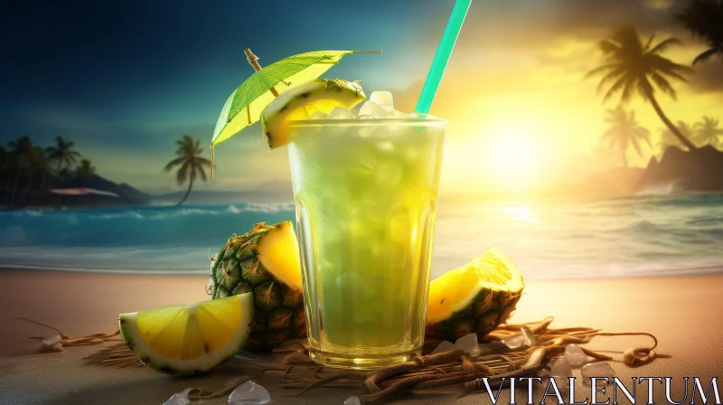 Tropical Beach Sunset with Pineapple Juice Glass AI Image