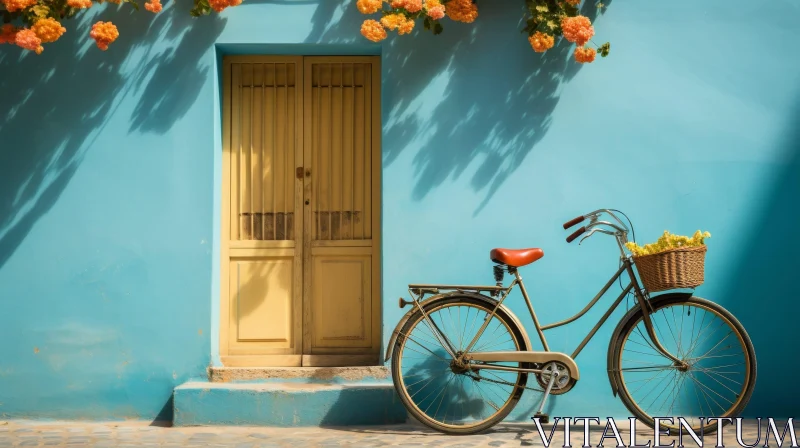 AI ART Vintage Bicycle Against Blue Wall with Yellow Flowers