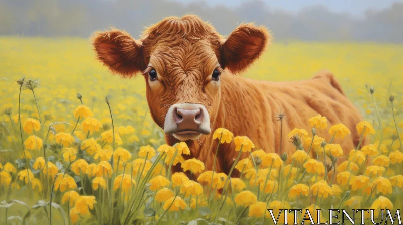 Brown and White Cow in Field of Yellow Flowers AI Image