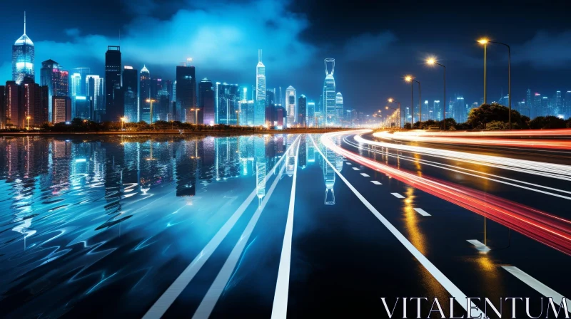 Cityscape Night View: Modern City Lights Reflection AI Image
