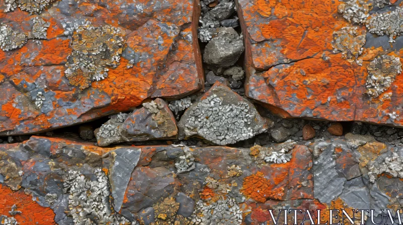 Close-Up of Rock Face with Orange Lichen and Crack AI Image