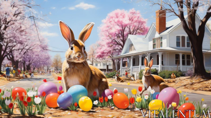 Easter Bunnies on Street Wallpaper - Plein-air Realism AI Image