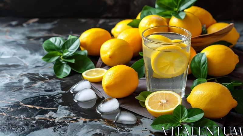 Glass of Water with Lemon Slices on Dark Marble Table AI Image