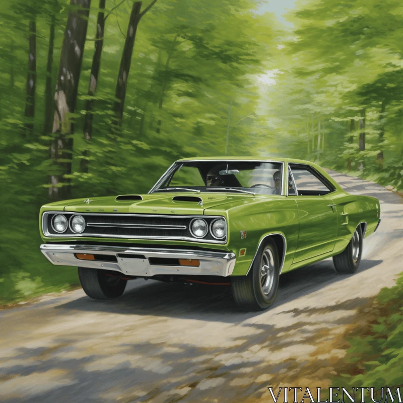 Hyper-Detailed Realistic Oil Portrait of a Green Vehicle on a Forest Road AI Image