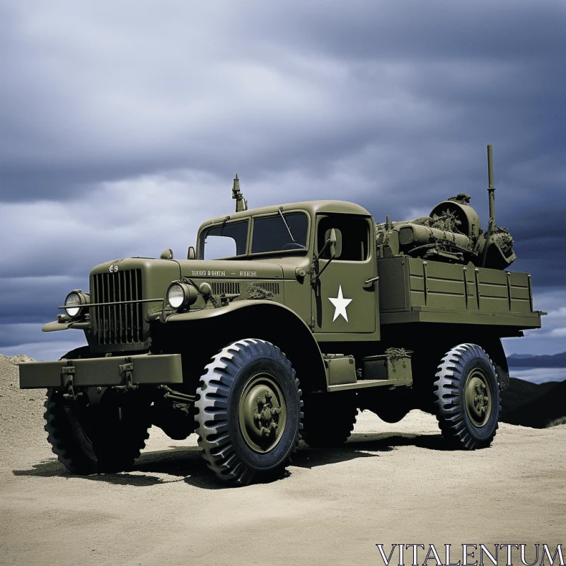 Iconic American Military Truck on Sand: Bold and Powerful Image AI Image